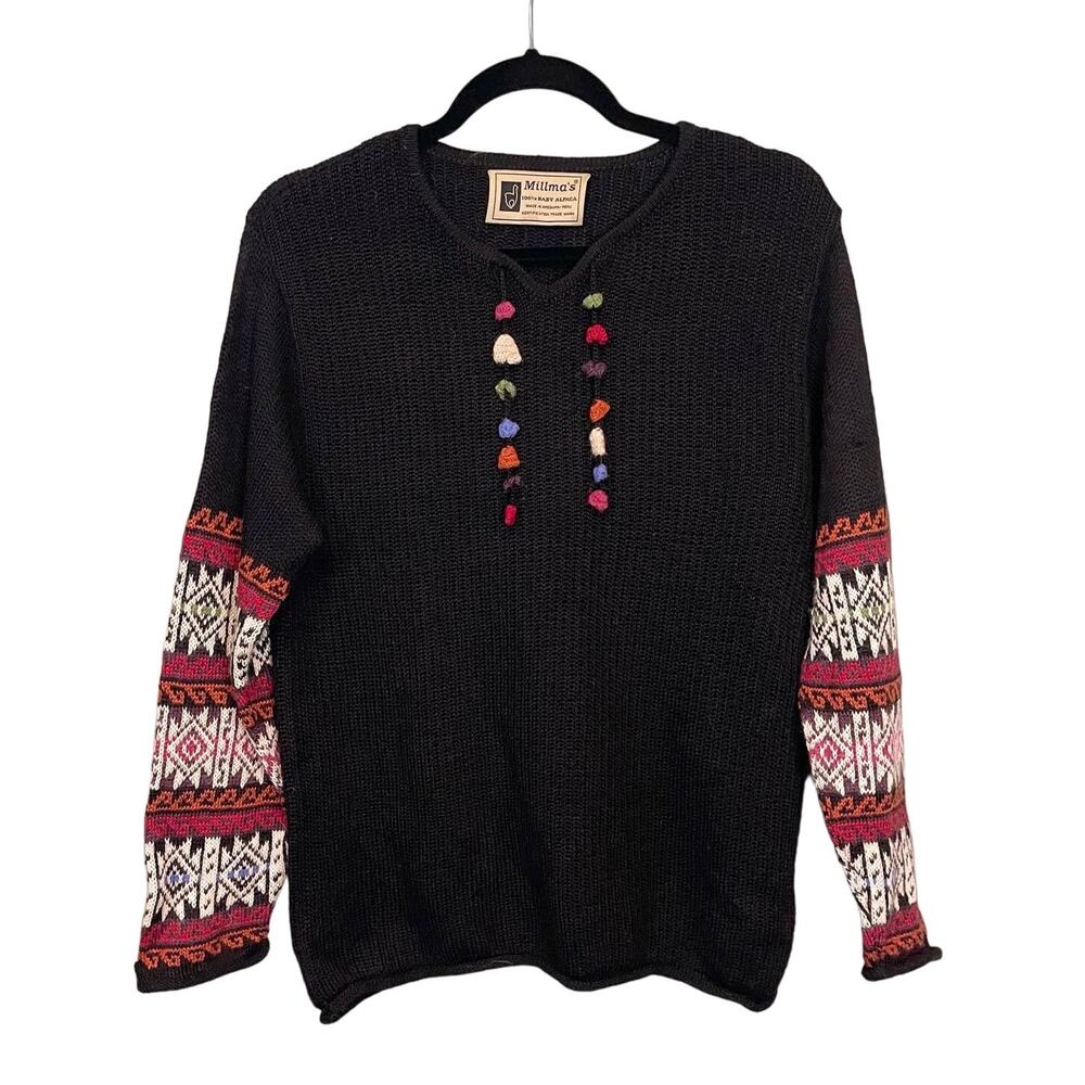 Vintage Millma's Sweater Womens L Black Baby Alpaca Knit Southwestern Aztec Cozy